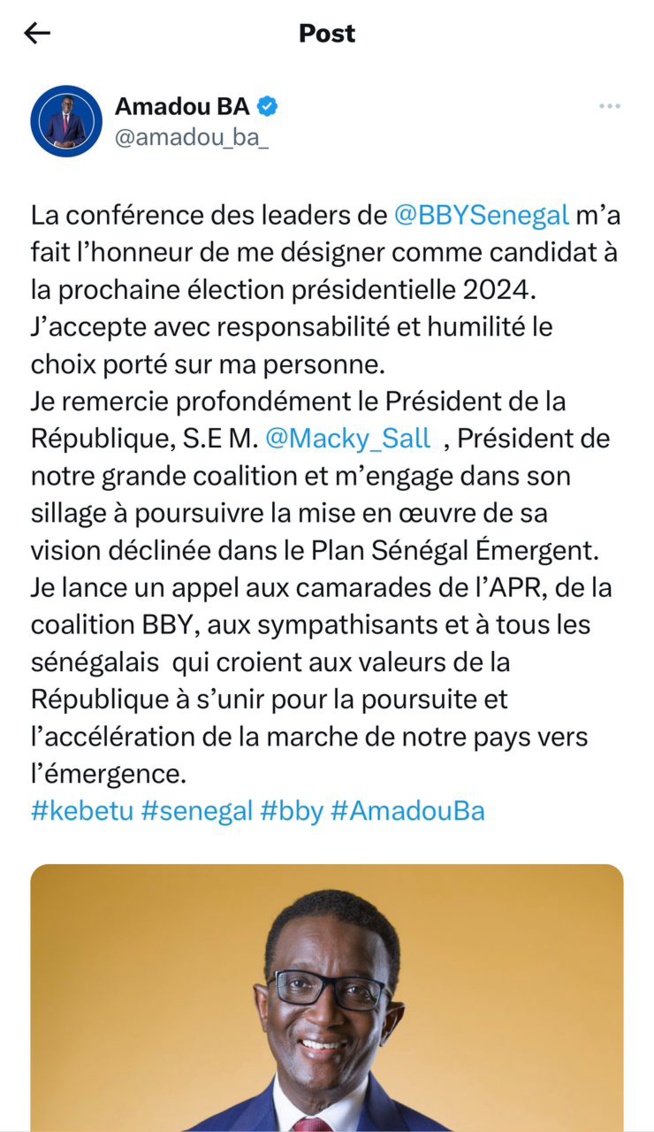 Tweet du Pm Amadou BA, candidat désigné de la coalition BBY Tweet du Pm Amadou BA, candidat désigné de la coalition BBY