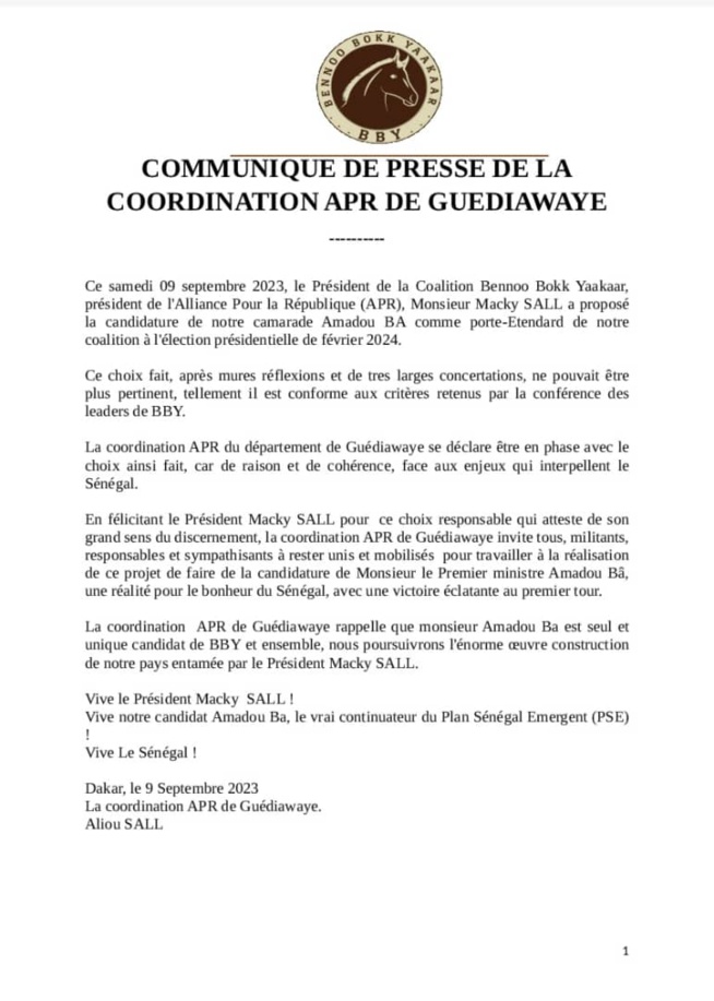 Communiqué de la coordination APR de Guédiawaye sur le choix du président Macky pour 2024. Communiqué de la coordination APR de Guédiawaye sur le choix du président Macky pour 2024.