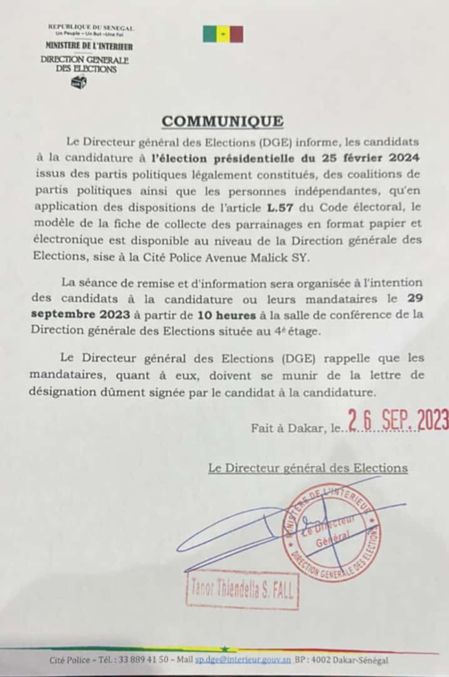 Le modèle de la fiche de collecte des parrainages disponible: La séance de remise et d'information prévue le 29 septembre (DGE) Le modèle de la fiche de collecte des parrainages disponible: La séance de remise et d'information prévue le 29 septembre (DGE)