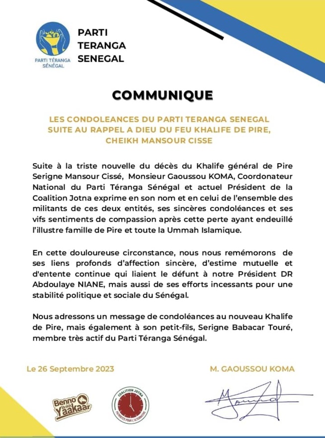LES CONDOLÉANCES DU PARTI TERANGA SENEGAL SUITE AU RAPPEL A DIEU DU FEU KHALIFE DE PIRE, CHEIKH MANSOUR CISSE LES CONDOLÉANCES DU PARTI TERANGA SENEGAL SUITE AU RAPPEL A DIEU DU FEU KHALIFE DE PIRE, CHEIKH MANSOUR CISSE