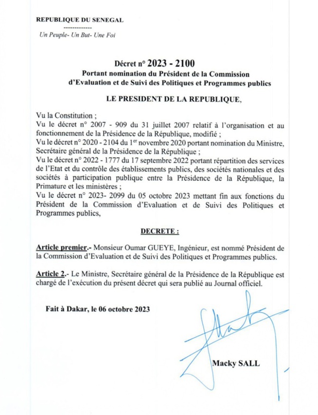 Nomination : Oumar Guèye, président de la Commission d'Evaluation et de Suivi des Politiques et Programmes publics Nomination : Oumar Guèye, président de la Commission d'Evaluation et de Suivi des Politiques et Programmes publics