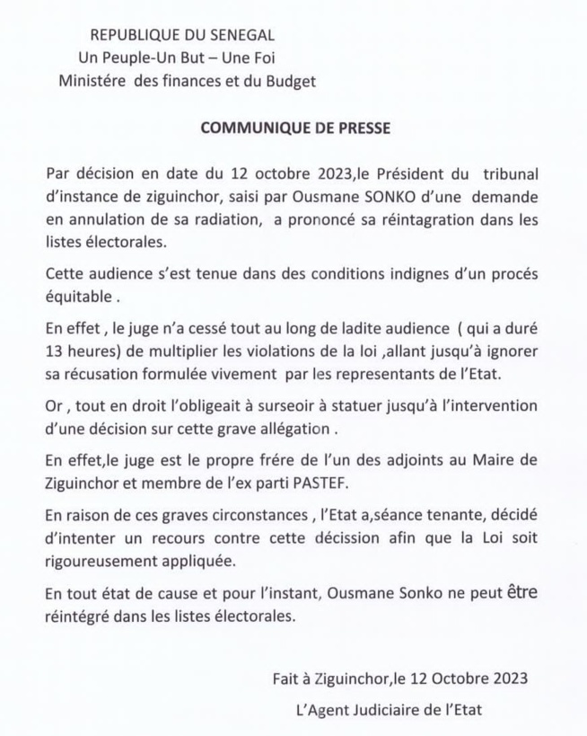 COMMUNIQUE DE PRESSE: L'Agent judiciaire de l'Etat dénonce les irrégularités du juge lors du procès de Sonko à Ziguinchor COMMUNIQUE DE PRESSE: L'Agent judiciaire de l'Etat dénonce les irrégularités du juge lors du procès de Sonko à Ziguinchor