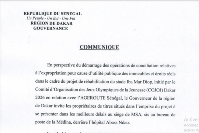 Cojoj Dakar 2026: Les propriétaires de titres sur l’emprise du Stade Iba Mar Diop, invités à se signaler au siège du MSA Cojoj Dakar 2026: Les propriétaires de titres sur l’emprise du Stade Iba Mar Diop, invités à se signaler au siège du MSA