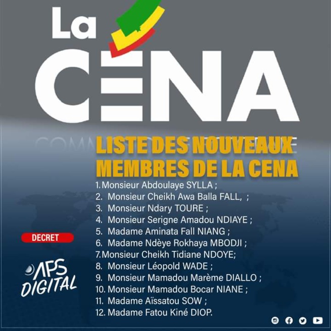 Changement de dernière minute à la CENA : Le Président Macky Sall nomme de nouveaux membres Changement de dernière minute à la CENA : Le Président Macky Sall nomme de nouveaux membres