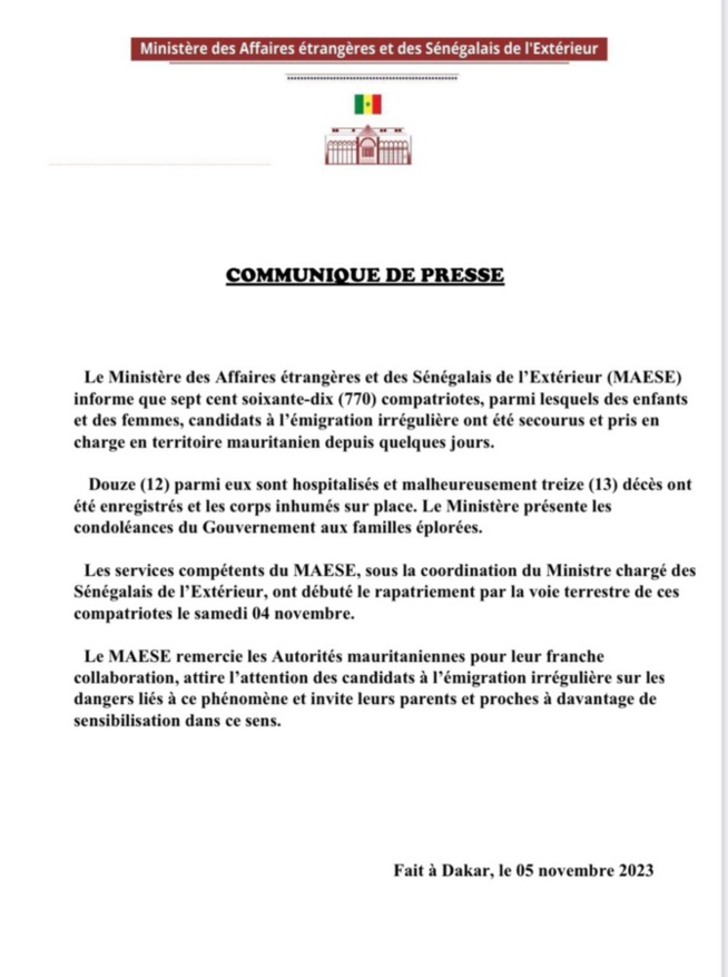 Emigration irrégulière: Près de 770 personnes secourues et pris en charge en territoire mauritanien Emigration irrégulière: Près de 770 personnes secourues et pris en charge en territoire mauritanien