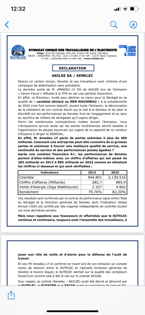 Sortie d'Amadou Ly sur la Sénélec: Le Sutelec parle d'une campagne de diabolisation (Document) Sortie d'Amadou Ly sur la Sénélec: Le Sutelec parle d'une campagne de diabolisation (Document)