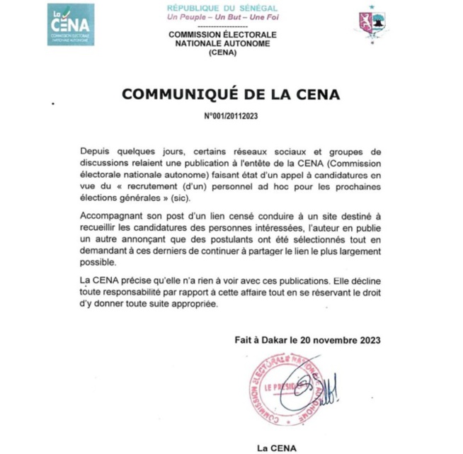 Appel à la prudence sur un prétendu recrutement : Mais qui tente d’arnaquer via la CENA ? Appel à la prudence sur un prétendu recrutement : Mais qui tente d’arnaquer via la CENA ?