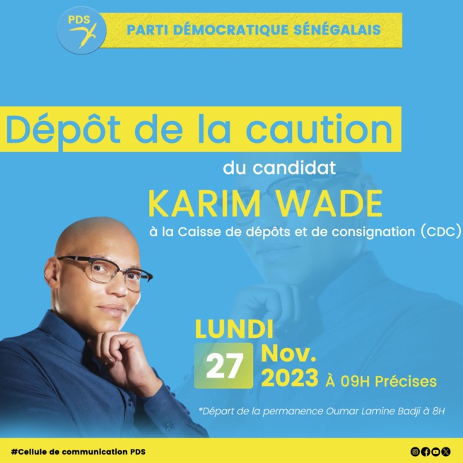 Karim Wade envoie une délégation pour déposer sa caution pour sa candidature en 2024 à la CDC ce lundi Karim Wade envoie une délégation pour déposer sa caution pour sa candidature en 2024 à la CDC ce lundi