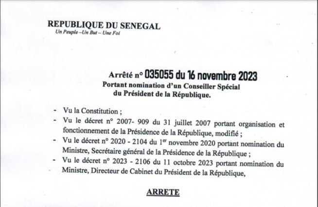 Décret de nomination : Mohamadoune Araby Niass nommé Conseil spécial du président de la République Décret de nomination : Mohamadoune Araby Niass nommé Conseil spécial du président de la République