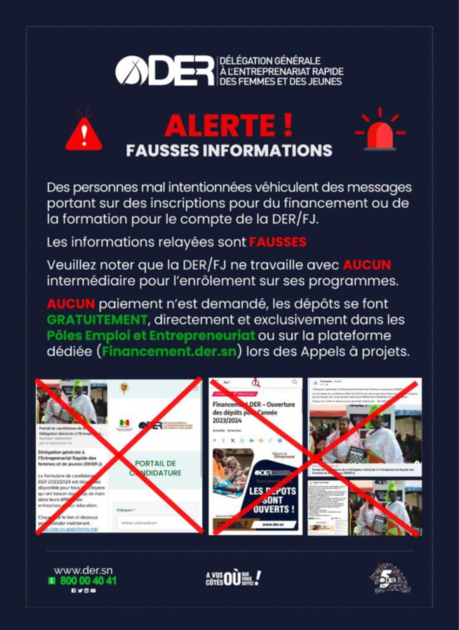 Alerte ! Eventuelles inscriptions pour du financement ou de la formation: La Der/Fj dénonce de fausses informations Alerte ! Eventuelles inscriptions pour du financement ou de la formation: La Der/Fj dénonce de fausses informations