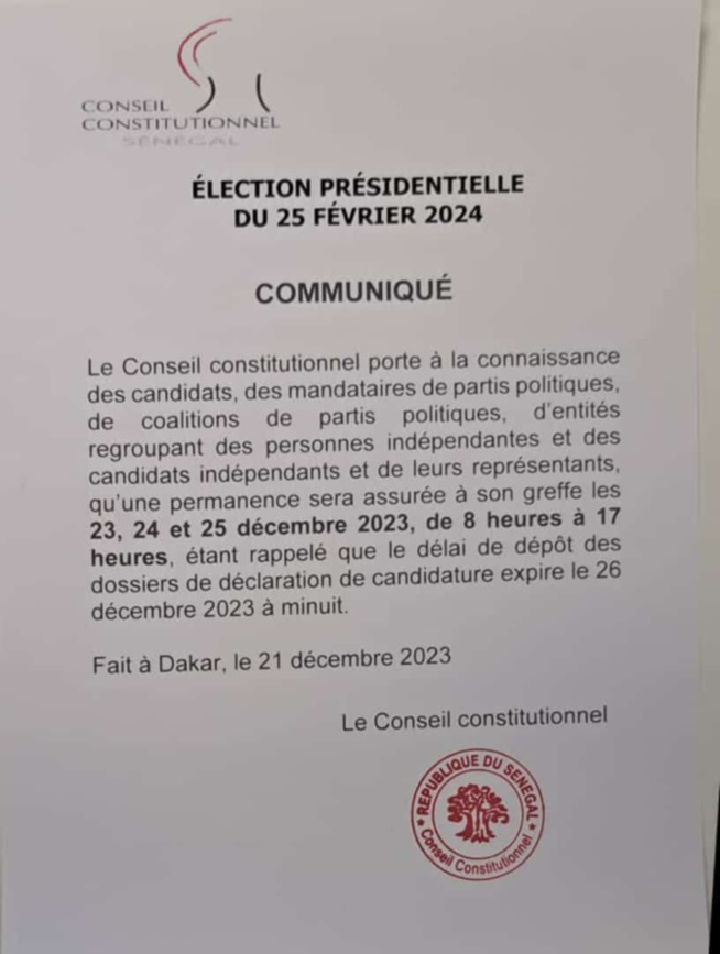 Clôture des dépôts de candidatures: Le Conseil constitutionnel organise des permanences les 23, 24 et 25 décembre Clôture des dépôts de candidatures: Le Conseil constitutionnel organise des permanences les 23, 24 et 25 décembre