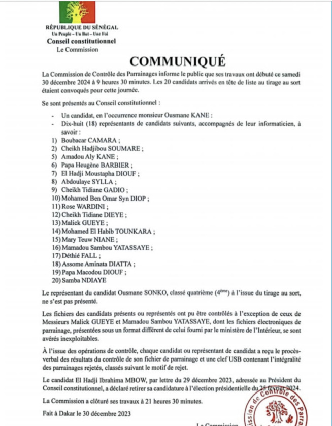 Contrôle des parrainages des candidats: Les détails du communiqué du Conseil constitutionnel Contrôle des parrainages des candidats: Les détails du communiqué du Conseil constitutionnel