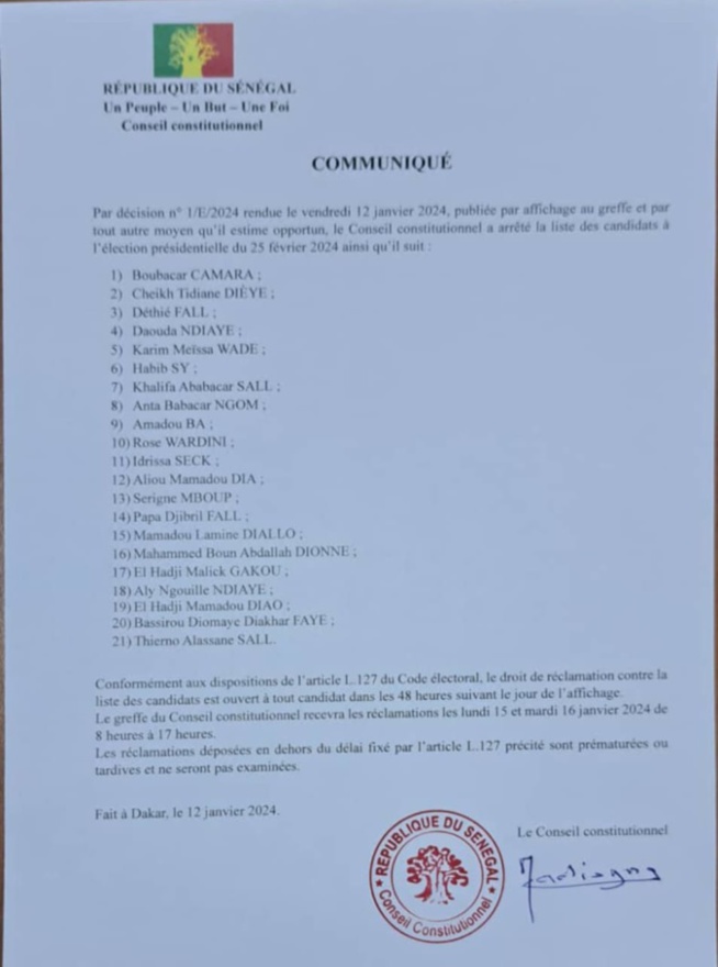 Publiée hier par le Conseil constitutionnel : la liste des candidats à l'élection présidentielle du 25 février 2024 Publiée hier par le Conseil constitutionnel : la liste des candidats à l'élection présidentielle du 25 février 2024