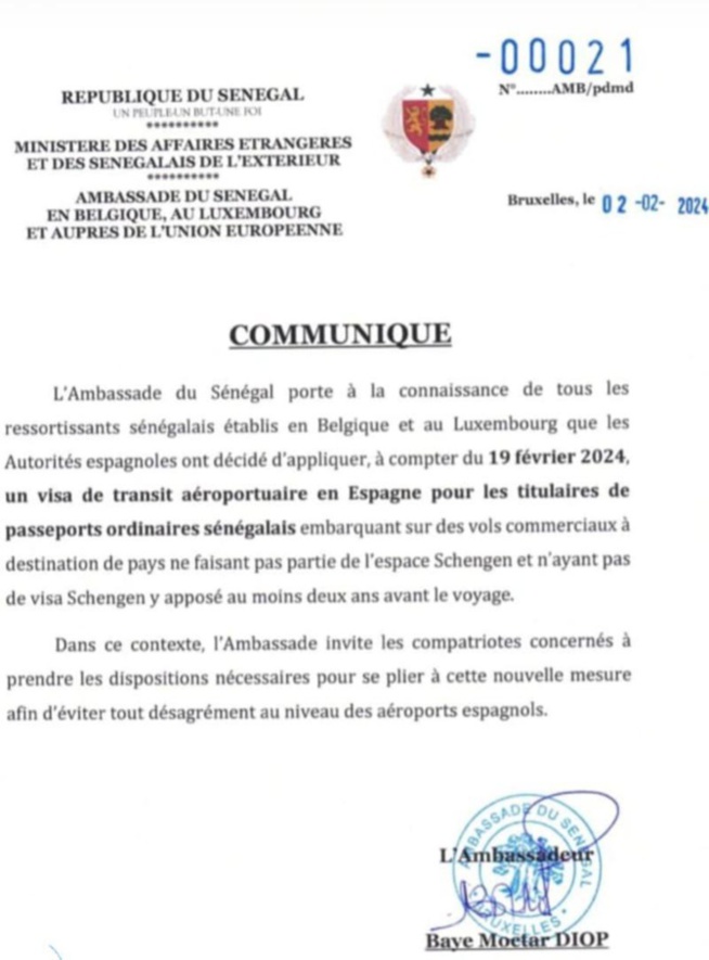 Instauration d'un visa de transit aéroportuaire en Espagne pour les Sénégalais à compter du 19 février 2024 Instauration d'un visa de transit aéroportuaire en Espagne pour les Sénégalais à compter du 19 février 2024