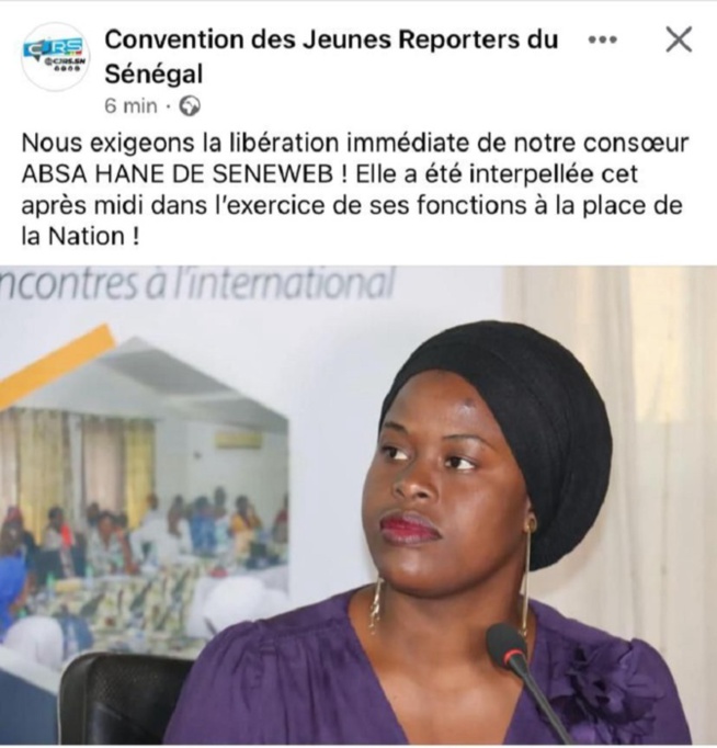Absa Hane de Seneweb blessée et sous arrestation : La Convention des Jeunes Reporters du Sénégal exige sa libération Absa Hane de Seneweb blessée et sous arrestation : La Convention des Jeunes Reporters du Sénégal exige sa libération