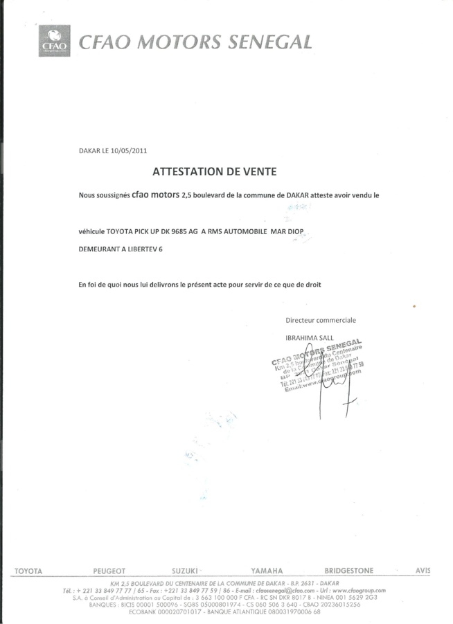 Détournement de véhicules d'une valeur de 300 millions à CFAO Motors Sénégal : Voici les attestations de vente délivrées à Rms Automobile