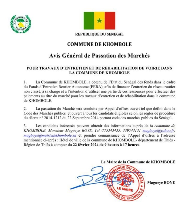 Khombole : Avis de Passation de marchés pour travaux d'entretien et de réhabilitation de voirie dans la commune Khombole : Avis de Passation de marchés pour travaux d'entretien et de réhabilitation de voirie dans la commune