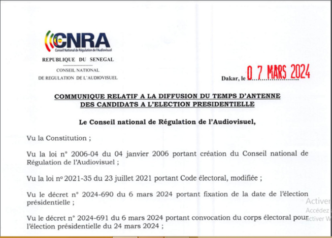 CNRA / Election présidentielle 2024: Communiqué relatif à la diffusion du temps d’antenne des candidats CNRA / Election présidentielle 2024: Communiqué relatif à la diffusion du temps d’antenne des candidats
