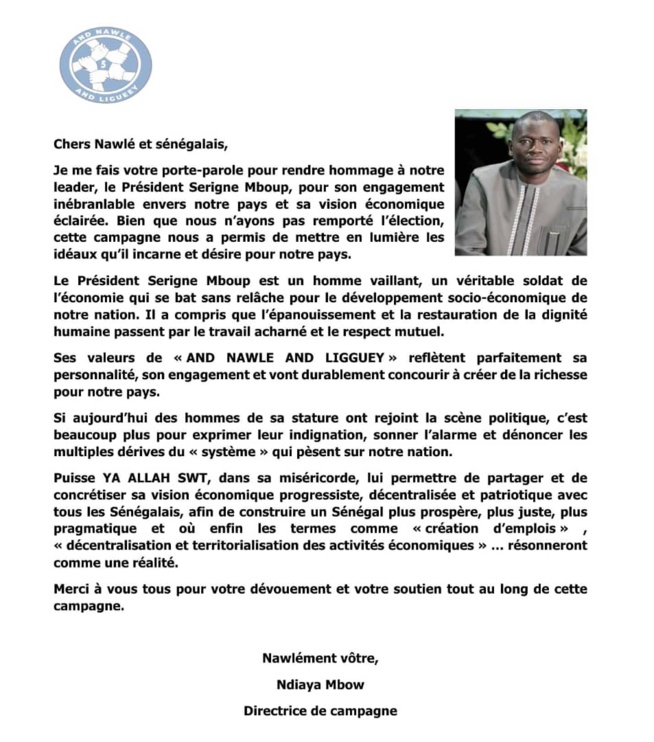 Message de remercîment du Président Serigne Mboup au peuple Sénégalais après sa campagne Message de remercîment du Président Serigne Mboup au peuple Sénégalais après sa campagne