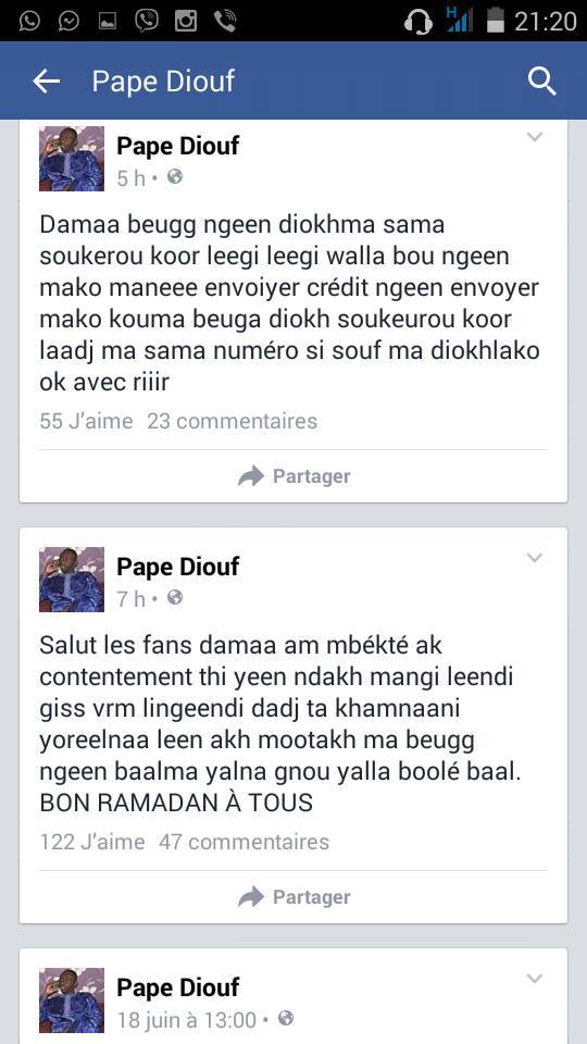 Alerte sur facebook: Le compte du chanteur Pape Diouf utilisé par des tiers malintentionnés pour demander du "sukarou koor"