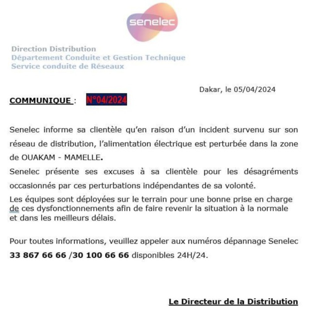Senelec annonce des perturbations dans certaines zones de Dakar