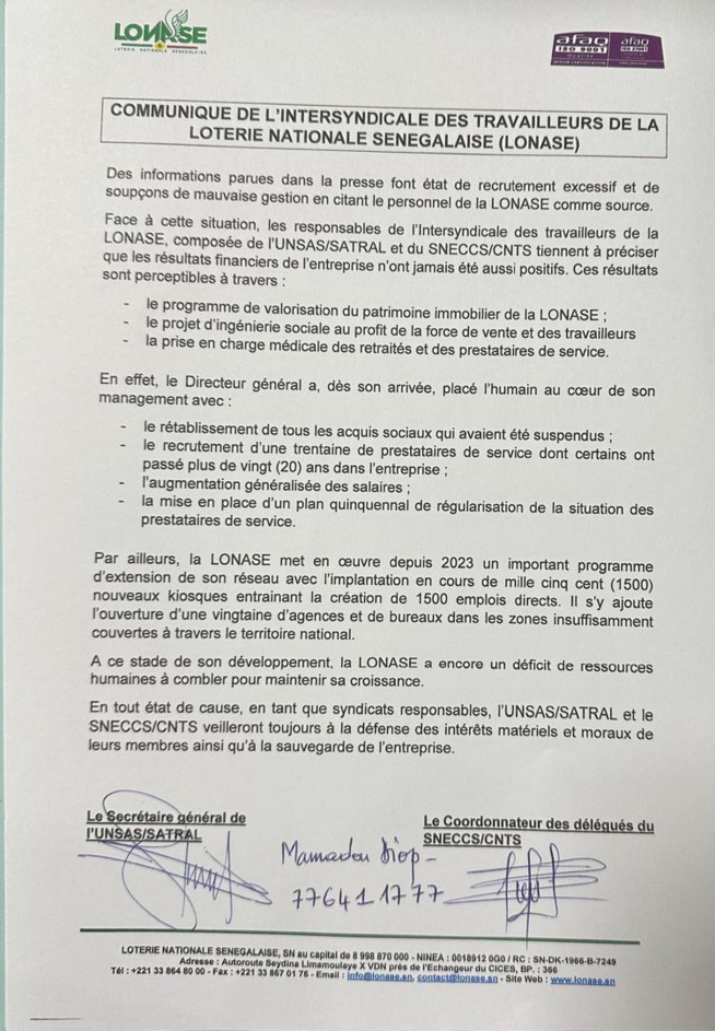 Recrutement excessif à la Lonase réponse de l'intersyndicale des travailleurs de la LONASE. Recrutement excessif à la Lonase réponse de l'intersyndicale des travailleurs de la LONASE.