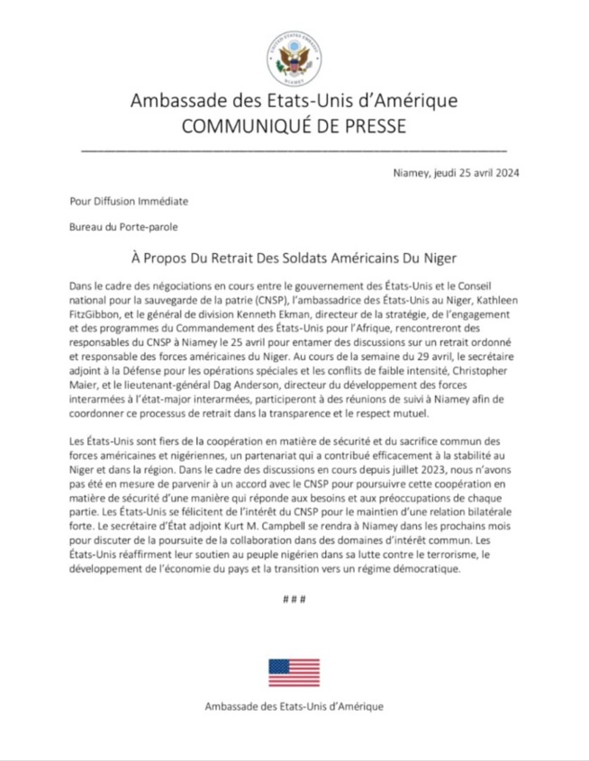 Retrait des soldats américains: Les États-Unis ont entamé des discussions avec Niamey