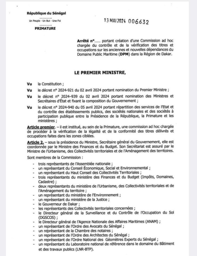Domaine public maritime: Le Pm Ousmane Sonko annonce la suspension des travaux et la création d'une commission Ad hoc Domaine public maritime: Le Pm Ousmane Sonko annonce la suspension des travaux et la création d'une commission Ad hoc