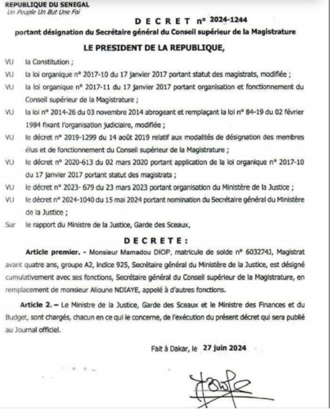 Conseil Supérieur de la Magistrature : Le magistrat Mamadou Diop en devient le nouveau Secrétaire général Conseil Supérieur de la Magistrature : Le magistrat Mamadou Diop en devient le nouveau Secrétaire général