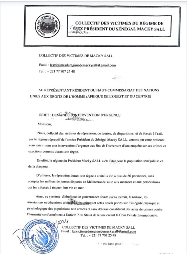 Saisine du Haut Commissariat des Nations Unies : Le Collectif des Victimes du régime de Macky Sall, internationalise son combat Saisine du Haut Commissariat des Nations Unies : Le Collectif des Victimes du régime de Macky Sall, internationalise son combat