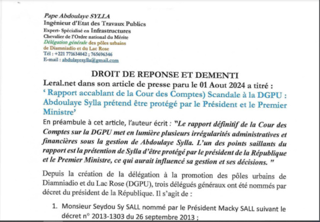 Suite à l’article de Leral.net, « Rapport accablant de la Cour des comptes ou scandale à la DGPU » : Abdoulaye Sylla dément et précise… Suite à l’article de Leral.net, « Rapport accablant de la Cour des comptes ou scandale à la DGPU » : Abdoulaye Sylla dément et précise…