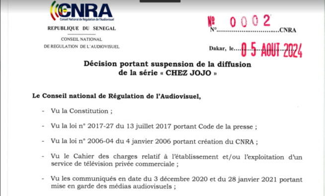 CNRA : Décision portant suspension de la diffusion de la série « Chez JOJO » CNRA : Décision portant suspension de la diffusion de la série « Chez JOJO »