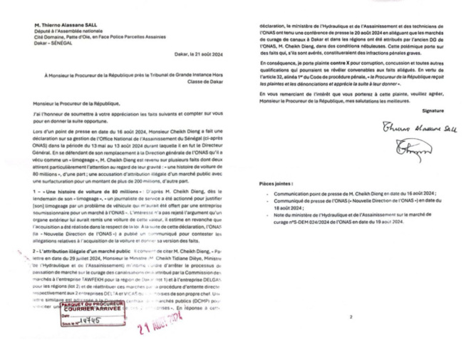Promesse d'une plainte contre X dans l’affaire « ONAS » : Thierno Alassane Sall joint l’acte à la parole Promesse d'une plainte contre X dans l’affaire « ONAS » : Thierno Alassane Sall joint l’acte à la parole