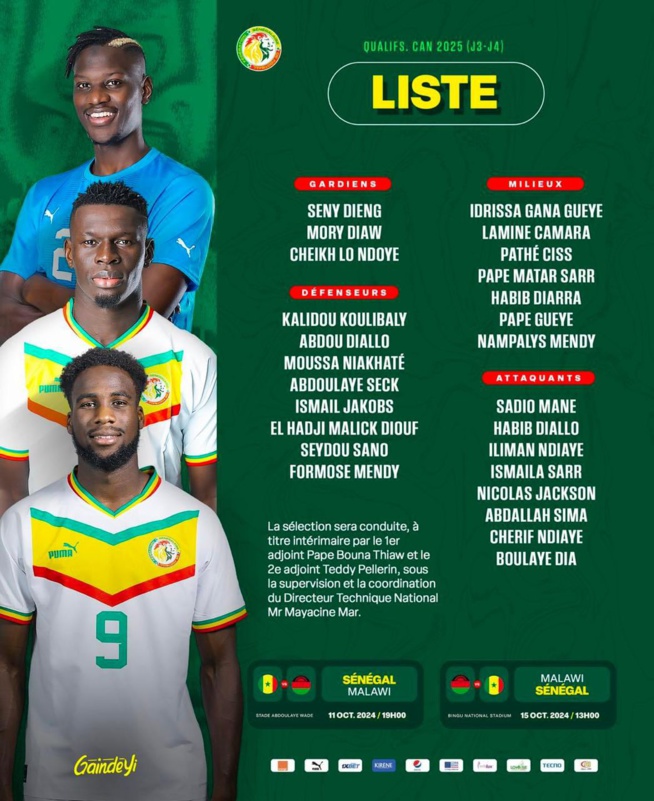 Liste des 26 lions retenus pour la double confrontation du Sénégal contre le Malaw Liste des 26 lions retenus pour la double confrontation du Sénégal contre le Malaw
