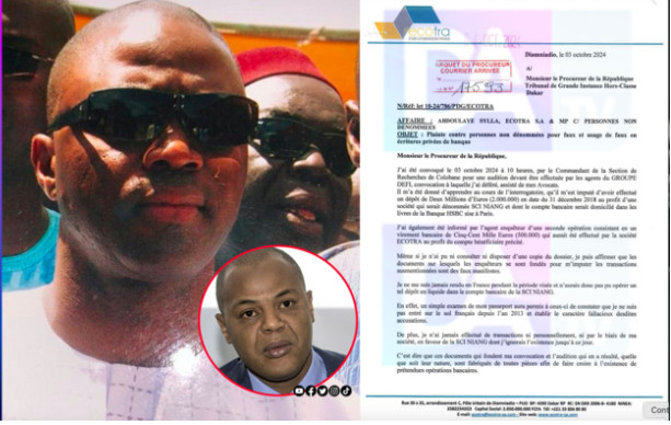 Accusé d’avoir déposé plus de 2 millions d’Euros au profit d’une société privée : Abdoulaye Sylla Ecotra porte plainte contre X, pour faux et usage de faux en écritures privées de banque Accusé d’avoir déposé plus de 2 millions d’Euros au profit d’une société privée : Abdoulaye Sylla Ecotra porte plainte contre X, pour faux et usage de faux en écritures privées de banque