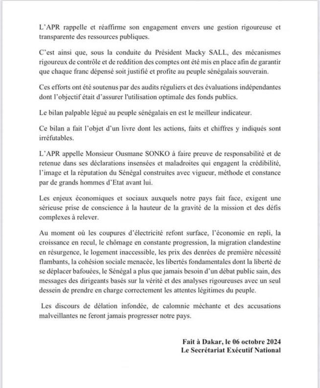 Falsification des chiffres : L’APR déplore et conteste les révélations du Premier ministre et son gouvernement Falsification des chiffres : L’APR déplore et conteste les révélations du Premier ministre et son gouvernement