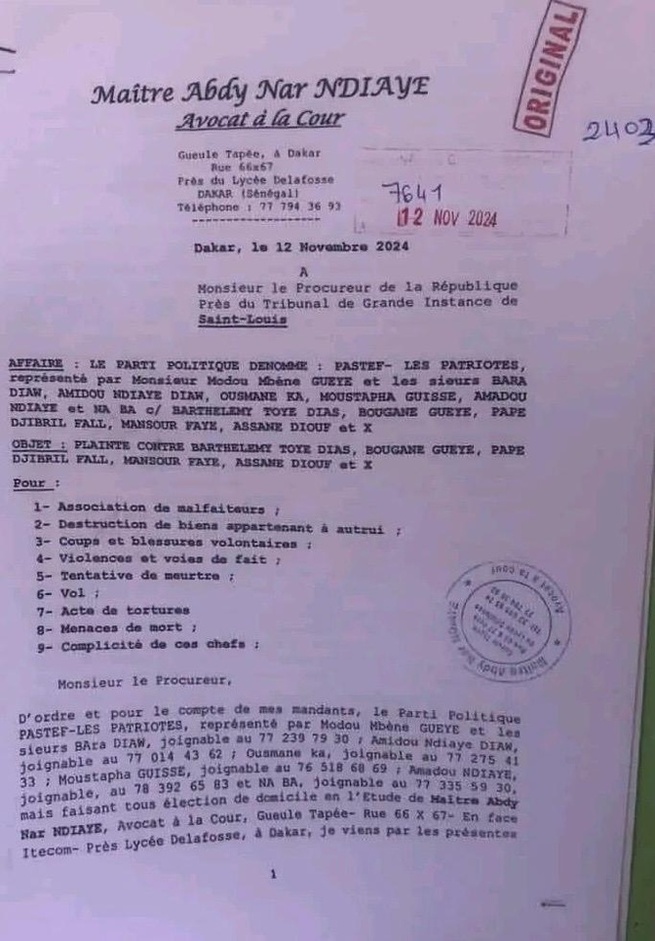 Violences électorales : Pastef porte plainte contre Barthélémy Dias, Bougane Guèye Dany, Pape Djibril Fall, Mansour Faye, Assane Diouf et X Violences électorales : Pastef porte plainte contre Barthélémy Dias, Bougane Guèye Dany, Pape Djibril Fall, Mansour Faye, Assane Diouf et X