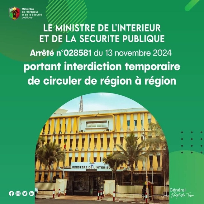 Interdiction de circulation interrégionale les 16 et 17 novembre pour raisons de sécurité Interdiction de circulation interrégionale les 16 et 17 novembre pour raisons de sécurité