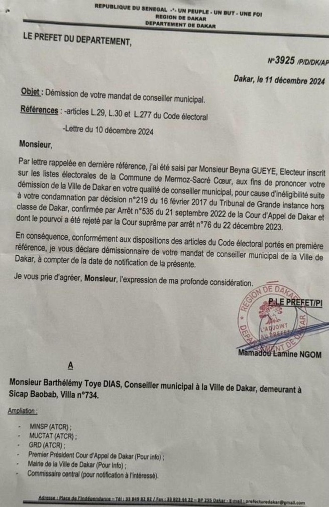 Notification de révocation du mandat de maire de Dakar de Barth : Le préfet déclare démissionnaire le maire de Dakar Notification de révocation du mandat de maire de Dakar de Barth : Le préfet déclare démissionnaire le maire de Dakar