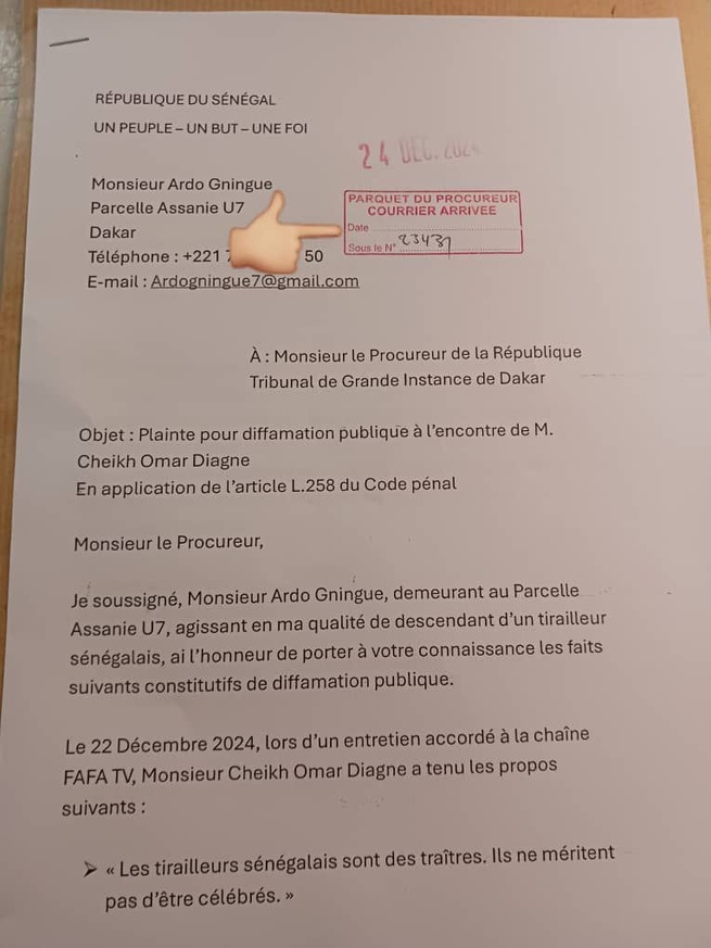 Plainte pour diffamation publique à l’encontre de M. Cheikh Omar Diagne par l'activiste Ardo Gningue Plainte pour diffamation publique à l’encontre de M. Cheikh Omar Diagne par l'activiste Ardo Gningue