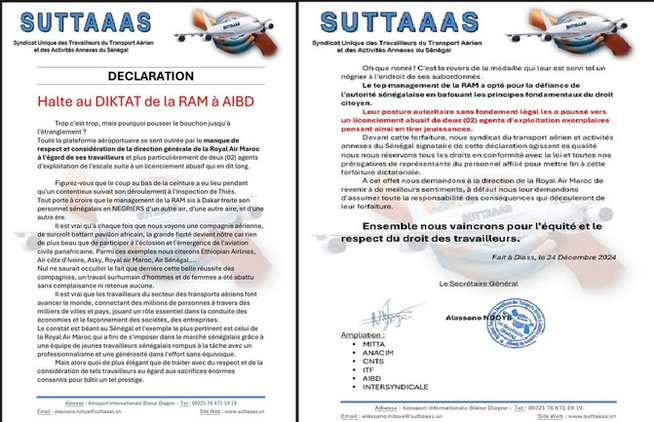 Royal Air Maroc au Sénégal : Les employés dénoncent des abus et une gestion injuste de leurs droits Royal Air Maroc au Sénégal : Les employés dénoncent des abus et une gestion injuste de leurs droits