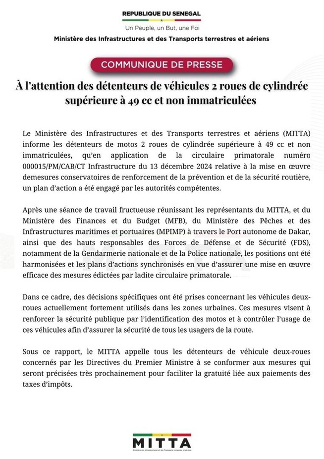 Motos non immatriculées : Un sursis de trois mois accordé pour la régularisation gratuite (Document) Motos non immatriculées : Un sursis de trois mois accordé pour la régularisation gratuite (Document)