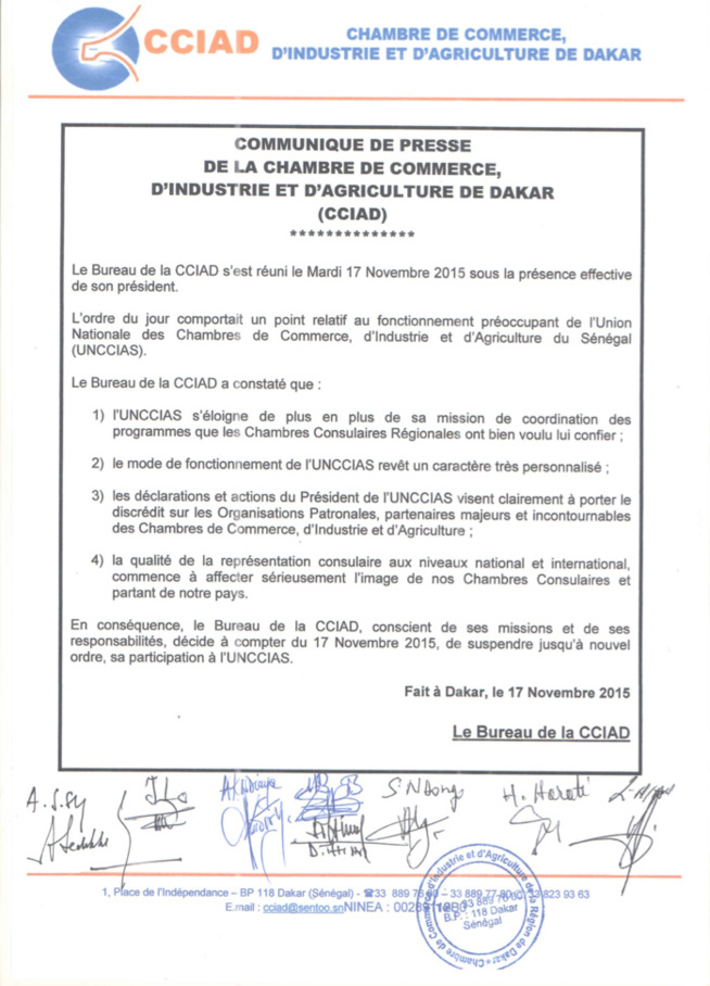 Pour comportement douteux : La CCIA de Dakar suspend ses activités dans l'Union Nationale des Chambres de Commerce Pour comportement douteux : La CCIA de Dakar suspend ses activités dans l'Union Nationale des Chambres de Commerce