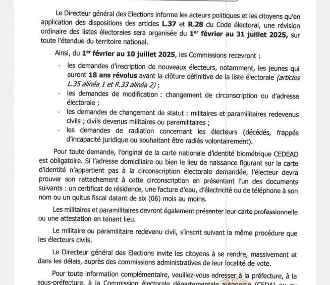 Document : Le ministère de l’intérieur annonce une révision des listes électorales Document : Le ministère de l’intérieur annonce une révision des listes électorales