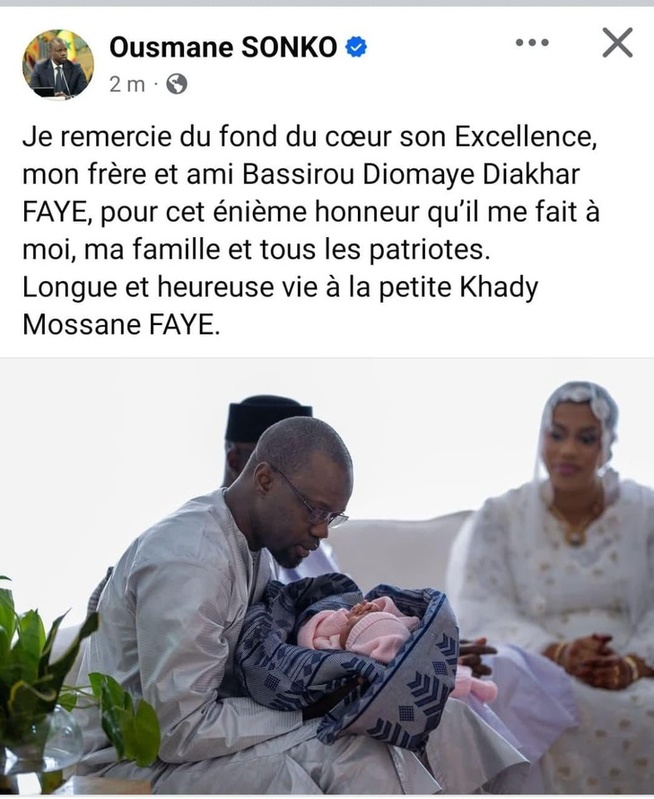 Fait historique : Le couple présidentiel baptise son enfant du nom de la mère du PM Ousmane Sonko Fait historique : Le couple présidentiel baptise son enfant du nom de la mère du PM Ousmane Sonko