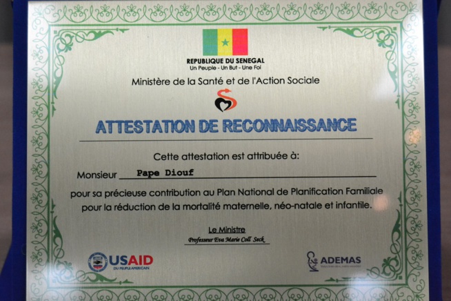Pape Diouf nommé Champion de la planification familiale par le ministère de la santé et de l'action sociale. Pape Diouf nommé Champion de la planification familiale par le ministère de la santé et de l'action sociale.