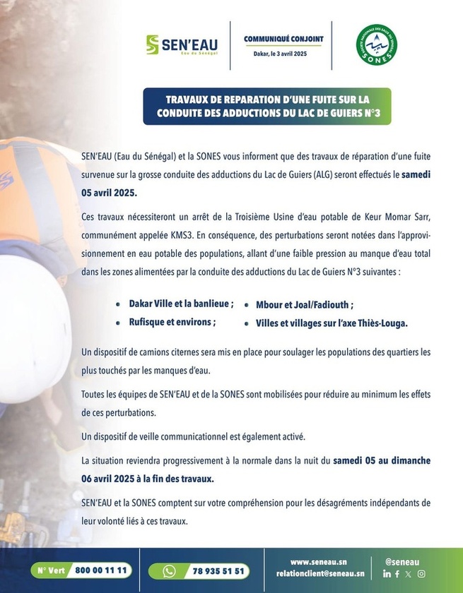 SEN'EAU et SONES annoncent des perturbations dans l'approvisionnement en eau, le 5 avril 2025 (Document) SEN'EAU et SONES annoncent des perturbations dans l'approvisionnement en eau, le 5 avril 2025 (Document)