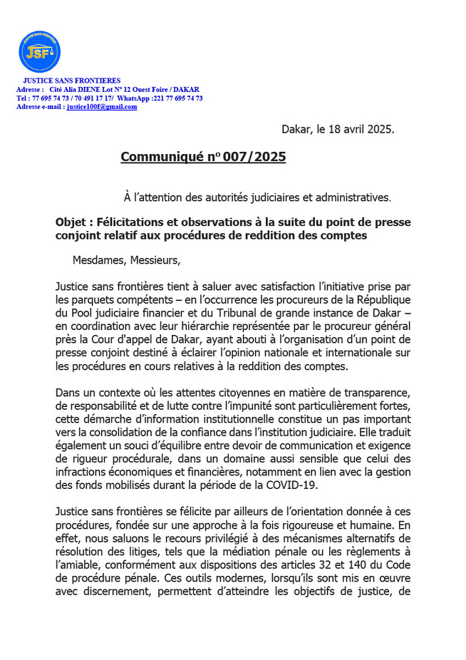 Communique de Justice Sans Frontière (JSF) relative à la sortie des procureurs du PFJ