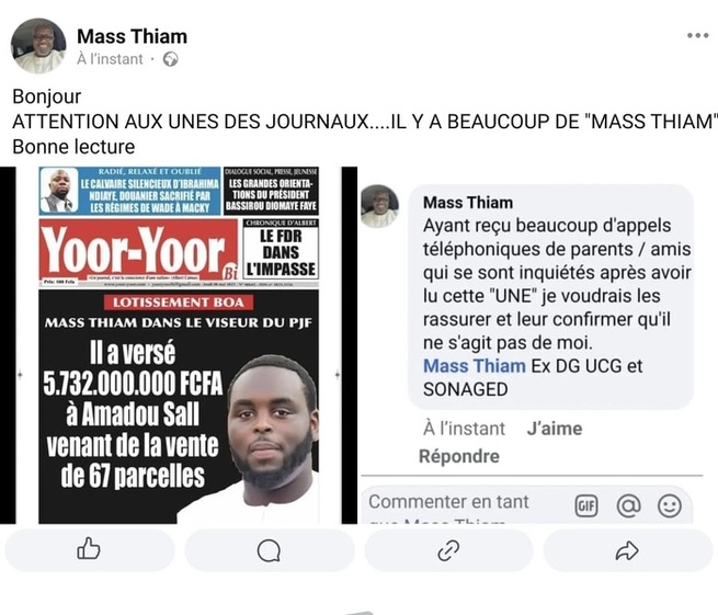 Affaire BOA I Clarification : Mass Thiam (UCG) n’est pas impliqué, il s’agit de Massamba Thiam Affaire BOA I Clarification : Mass Thiam (UCG) n’est pas impliqué, il s’agit de Massamba Thiam