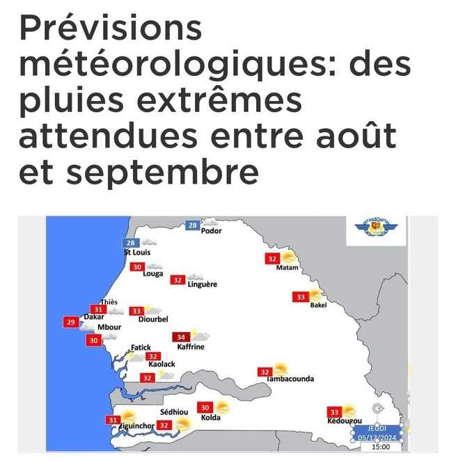 Prévision météorologies entre aout et septembre avec de fortes pluies attendues